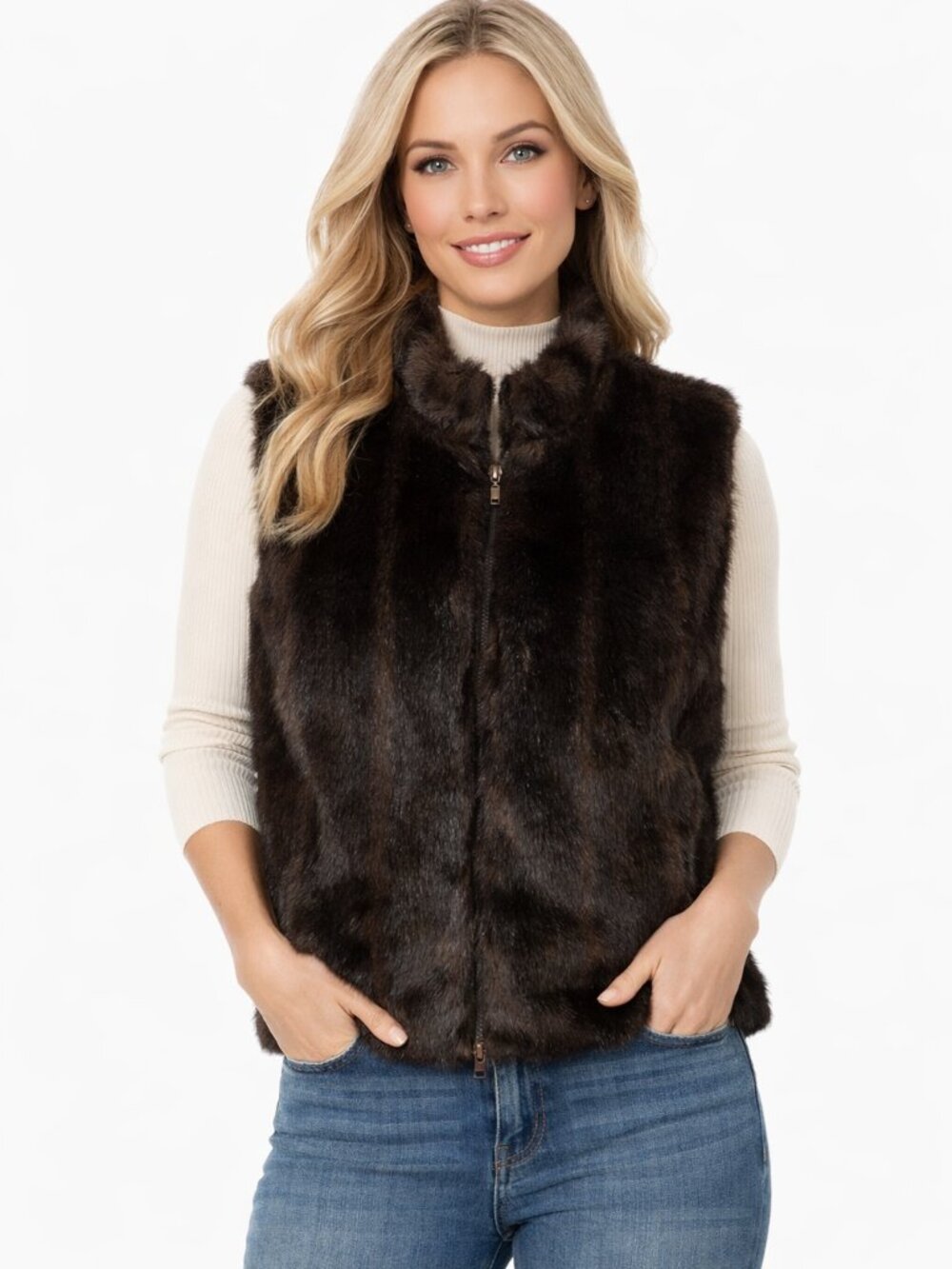 Preston & York Faux Fur Vest Black Brown Zip Front Luxe Large